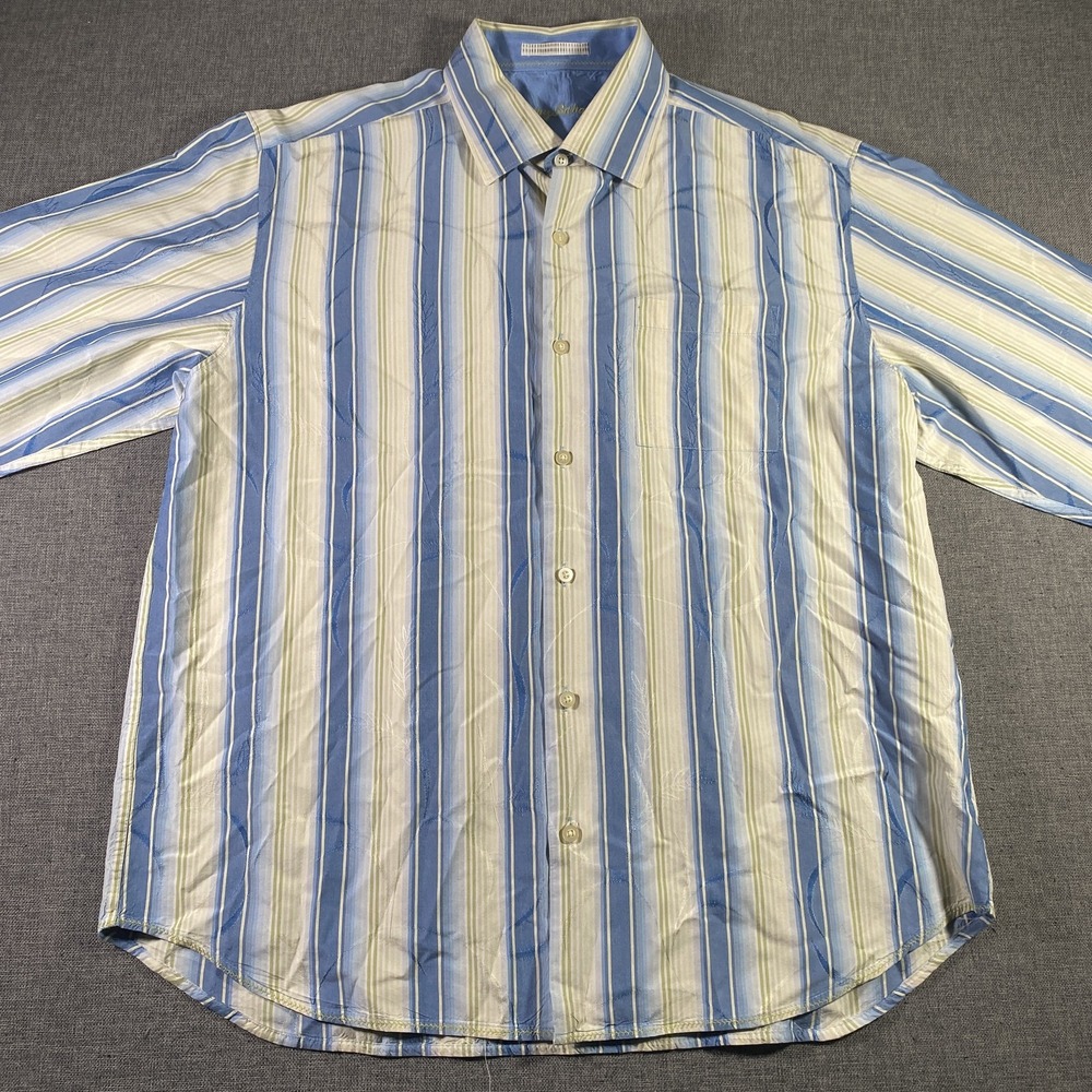 Tommy Bahama Shirt Mens Extra Large Blue Yellow Silk Striped Button Up Casual